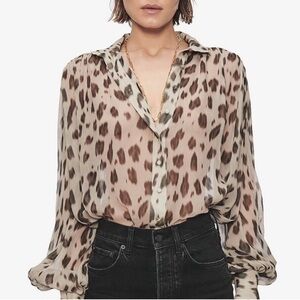 Anine Bing Silk Kacey Top Beige Leo Animal Print Button Front Top Size Medium